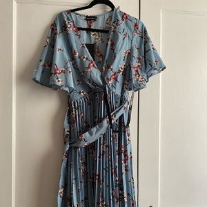 Dusty blue floral pleated midi dress